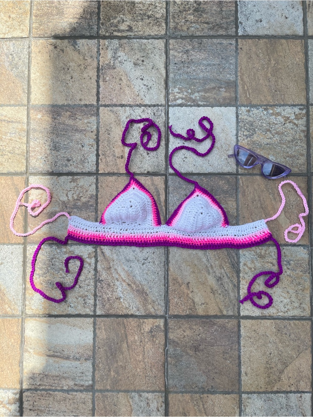 Handmade Crochet Triangle Bralette | White, Pink & Purple | Adjustable Tie Top M